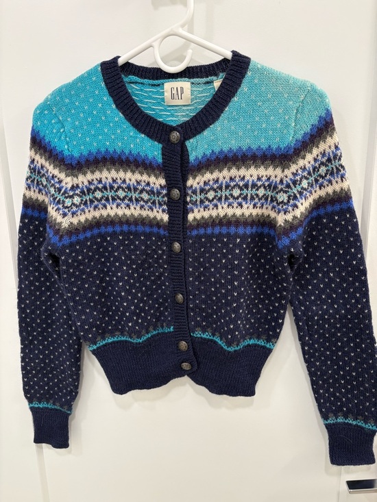 GAP Sweaters - Vintage 90s Gap 100% Wool Blue Fair Isle Nordic Style Knit Cardigan Size Small